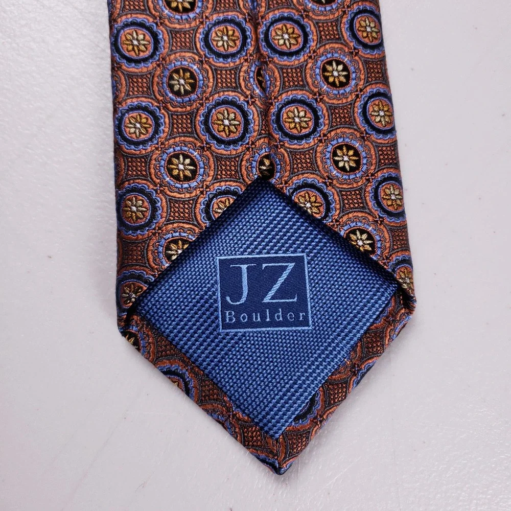 JZ Richards Silk Necktie Geometric Medallion Orange‎ Blue Mens Classic Tie